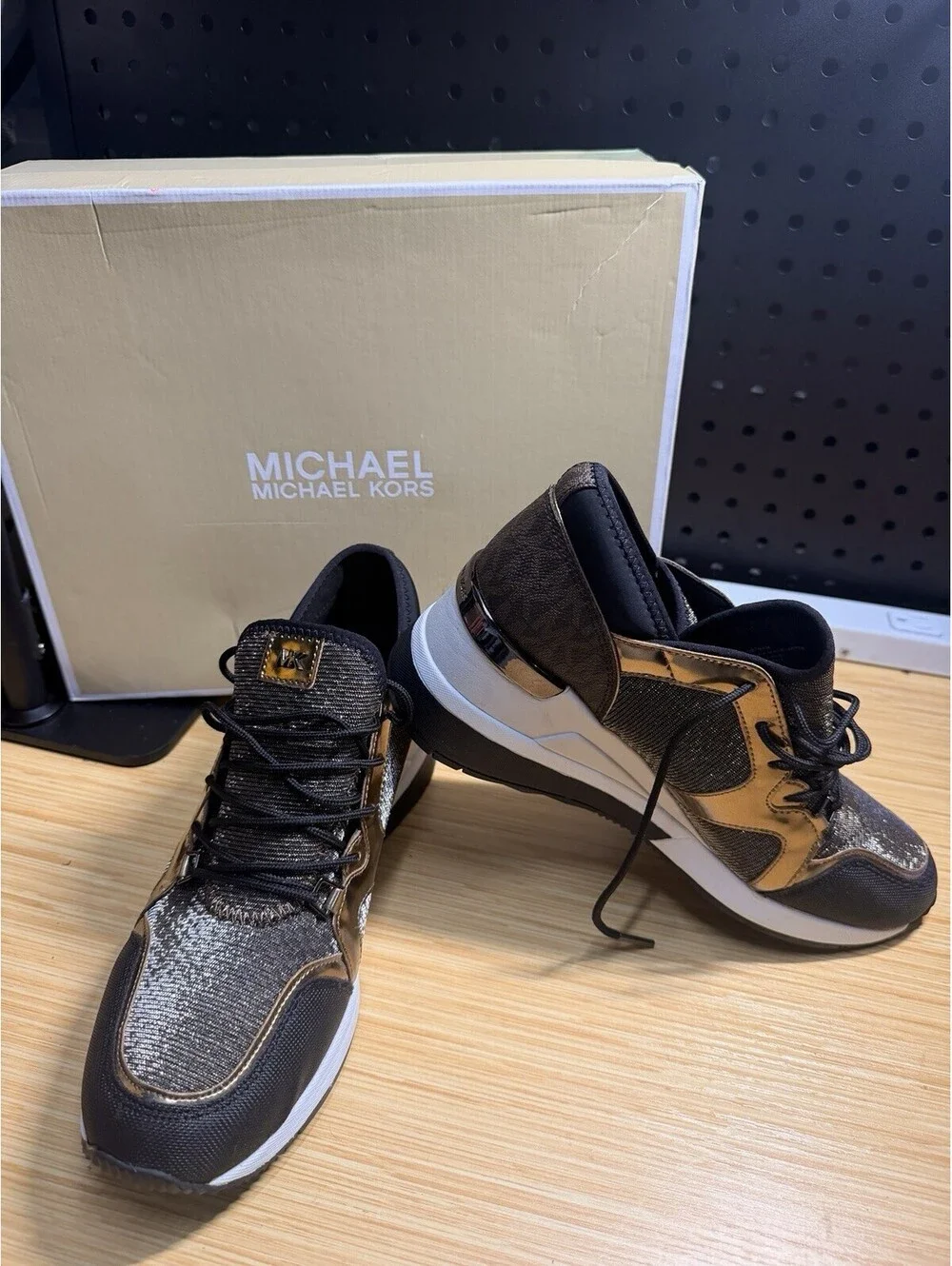 NEW Michael Kors Liv Trainer Platform Wedge Sneakers W Sz 8.5 Brown Gold Mesh
